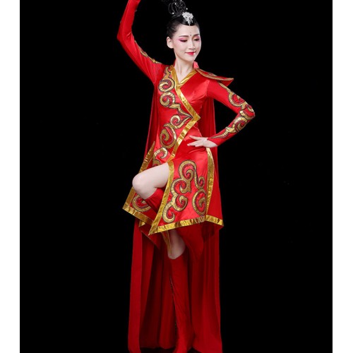 Red with gold Women's chinese dragon dummer performance dresses square dance dress yangko umbrella dance dresses
